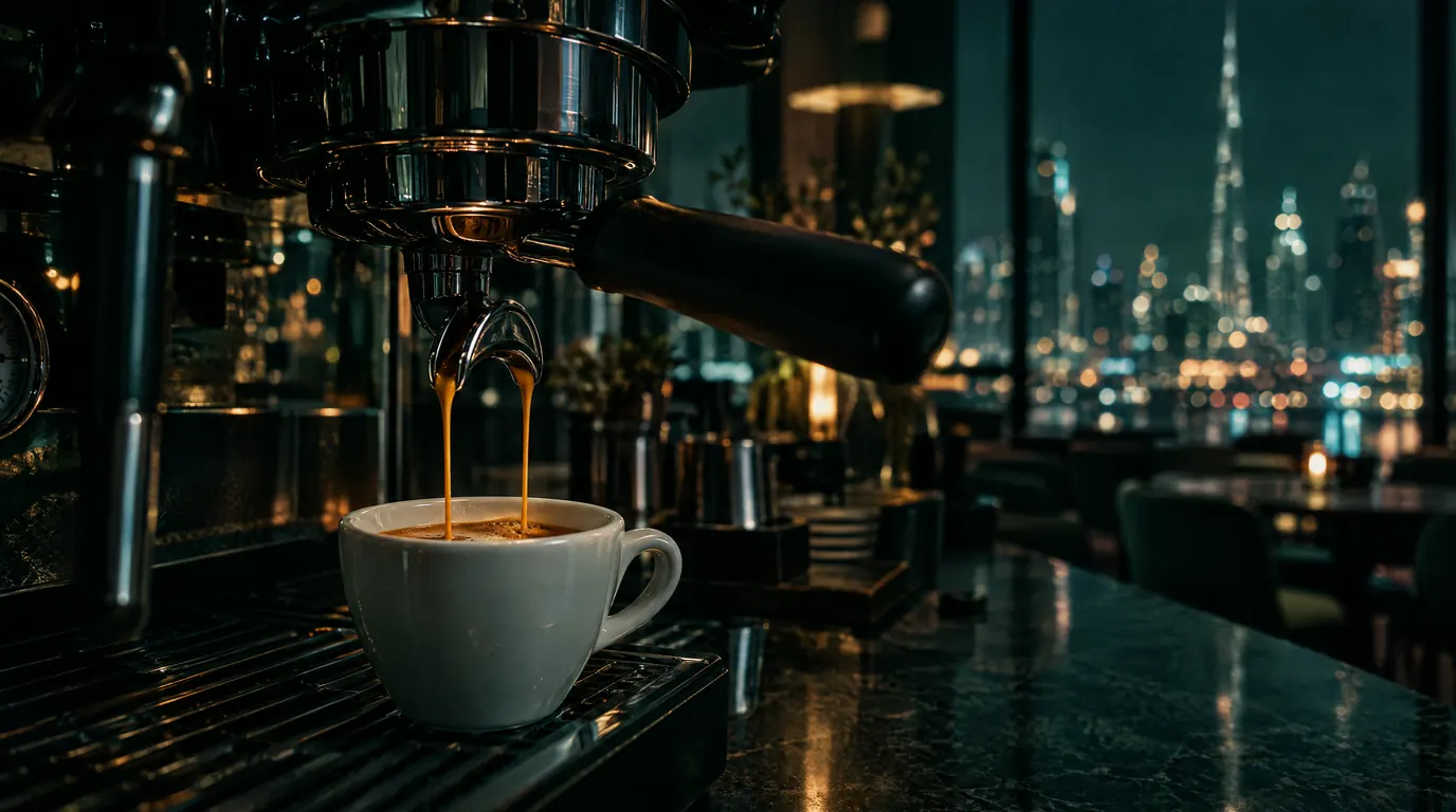 An espresso pouring from a professional machine, the Dubai skyline at night behind