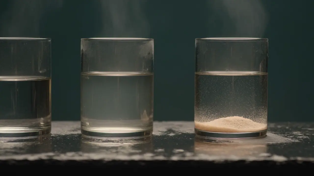 Three glasses of water of differing clarity, side by side