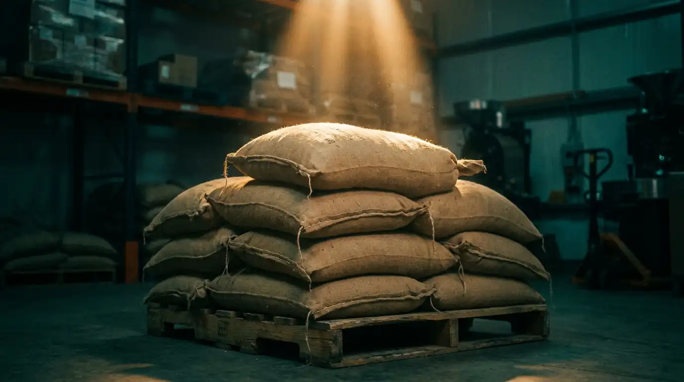 Sacchi di caffè accatastati su un pallet