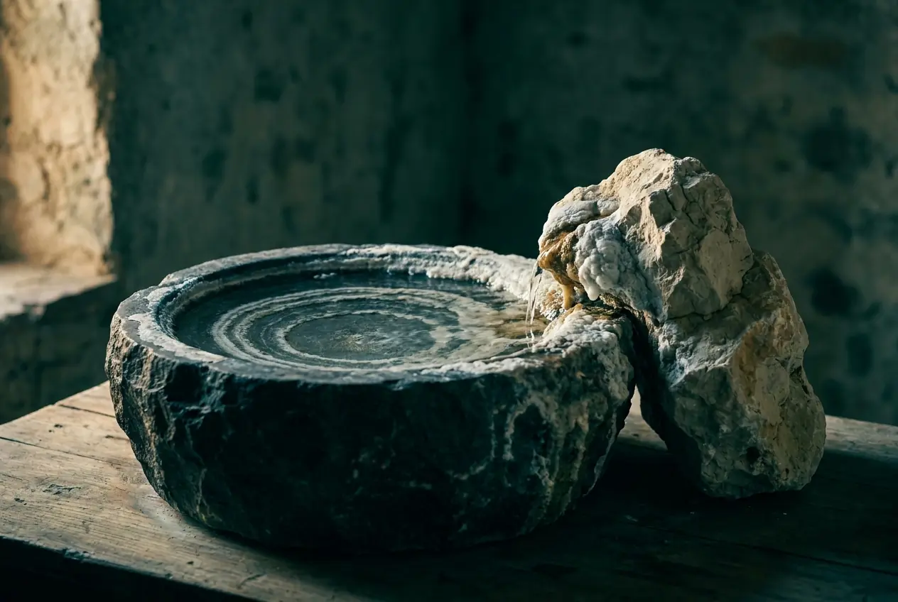 White limescale crust on a stone basin, the mark of hard water