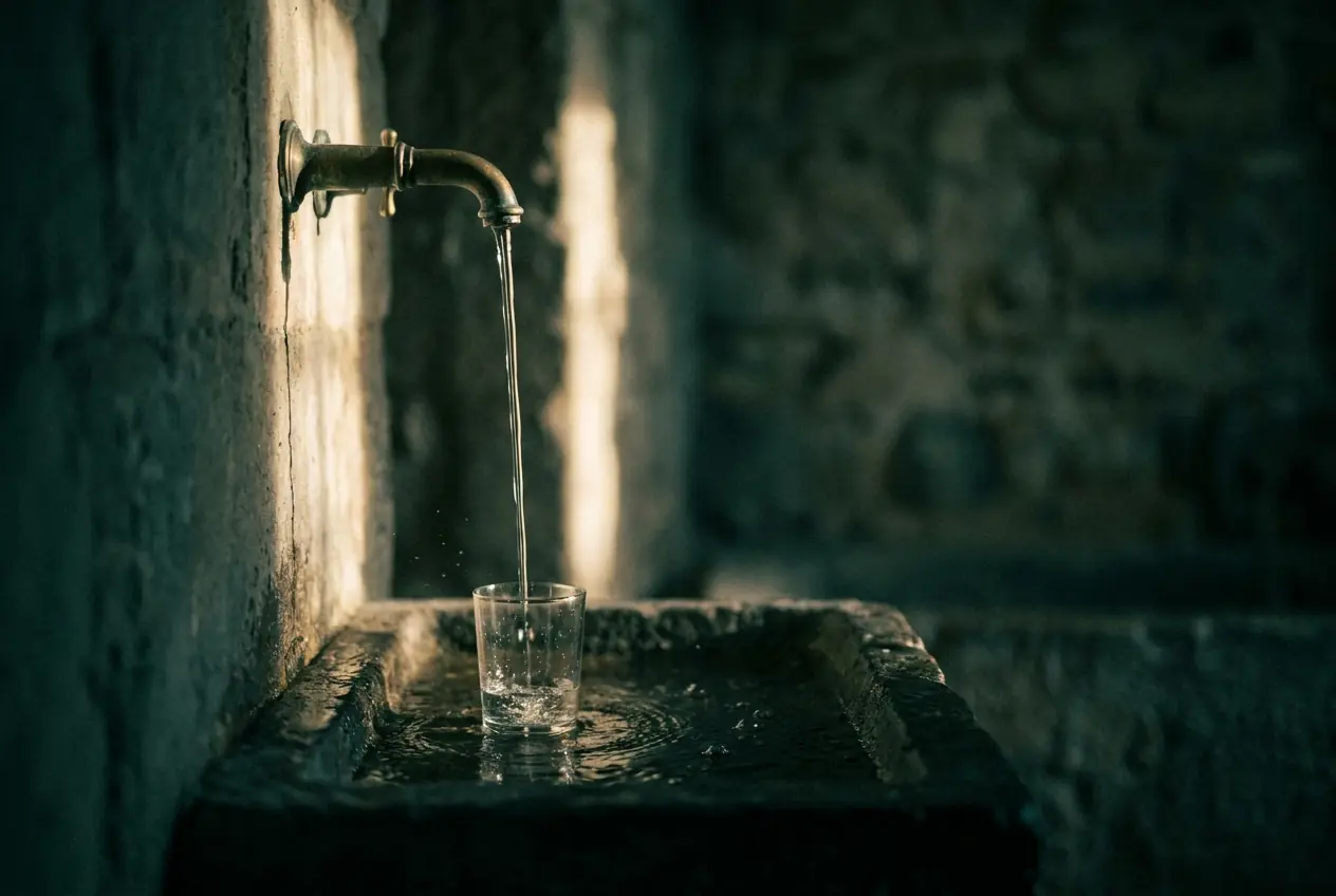 A brass spout pouring water into a glass on stone