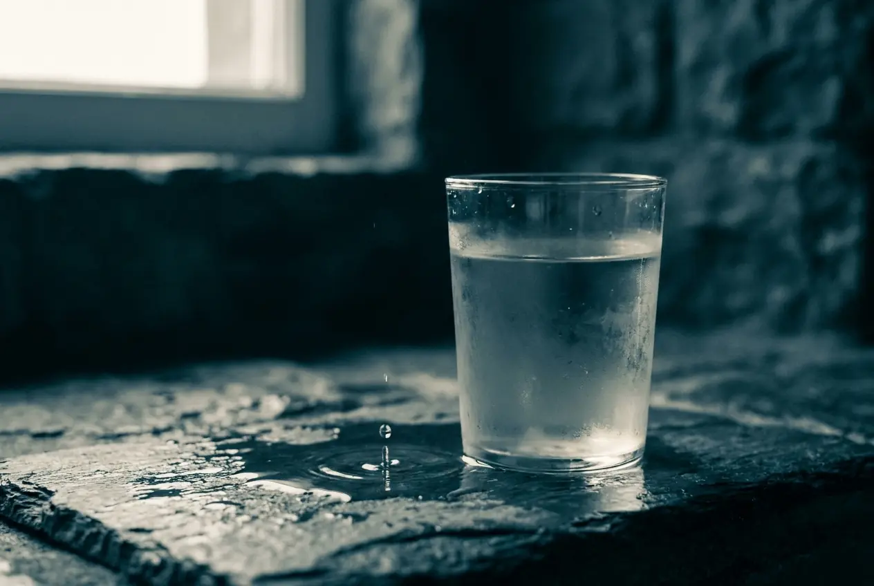A glass of very soft water on wet slate
